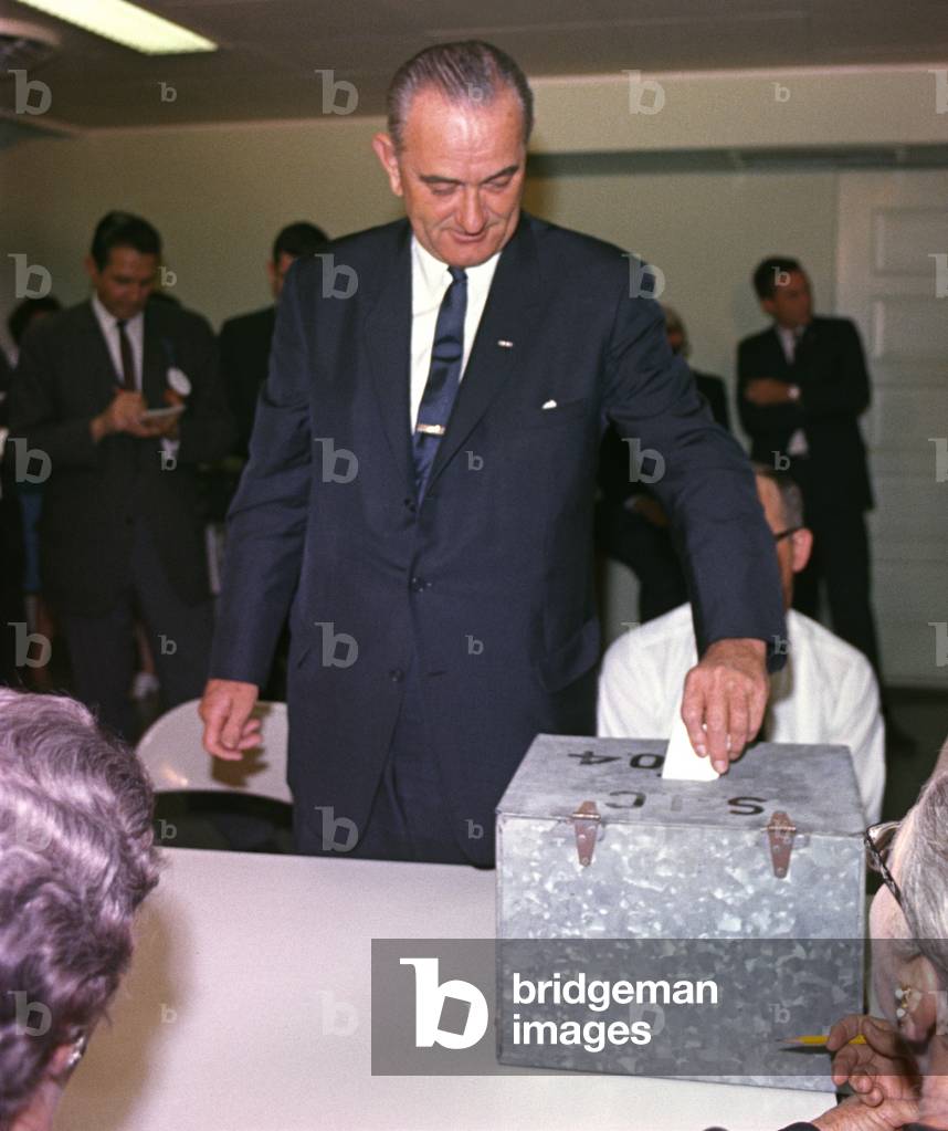1964 Presidential Election. Lyndon Johnson places his vote in the ballot box at Johnson City, Texas. Nov. 3, 1964