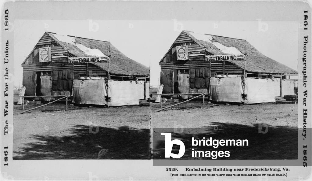 Stereo photograph of an embalming building near Fredericksburg, Virginia, 1865