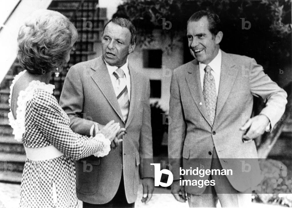 From left, Pat Nixon, Frank Sinatra, President Richard Nixon, at the Western White House, San Clemente, August 27, 1972