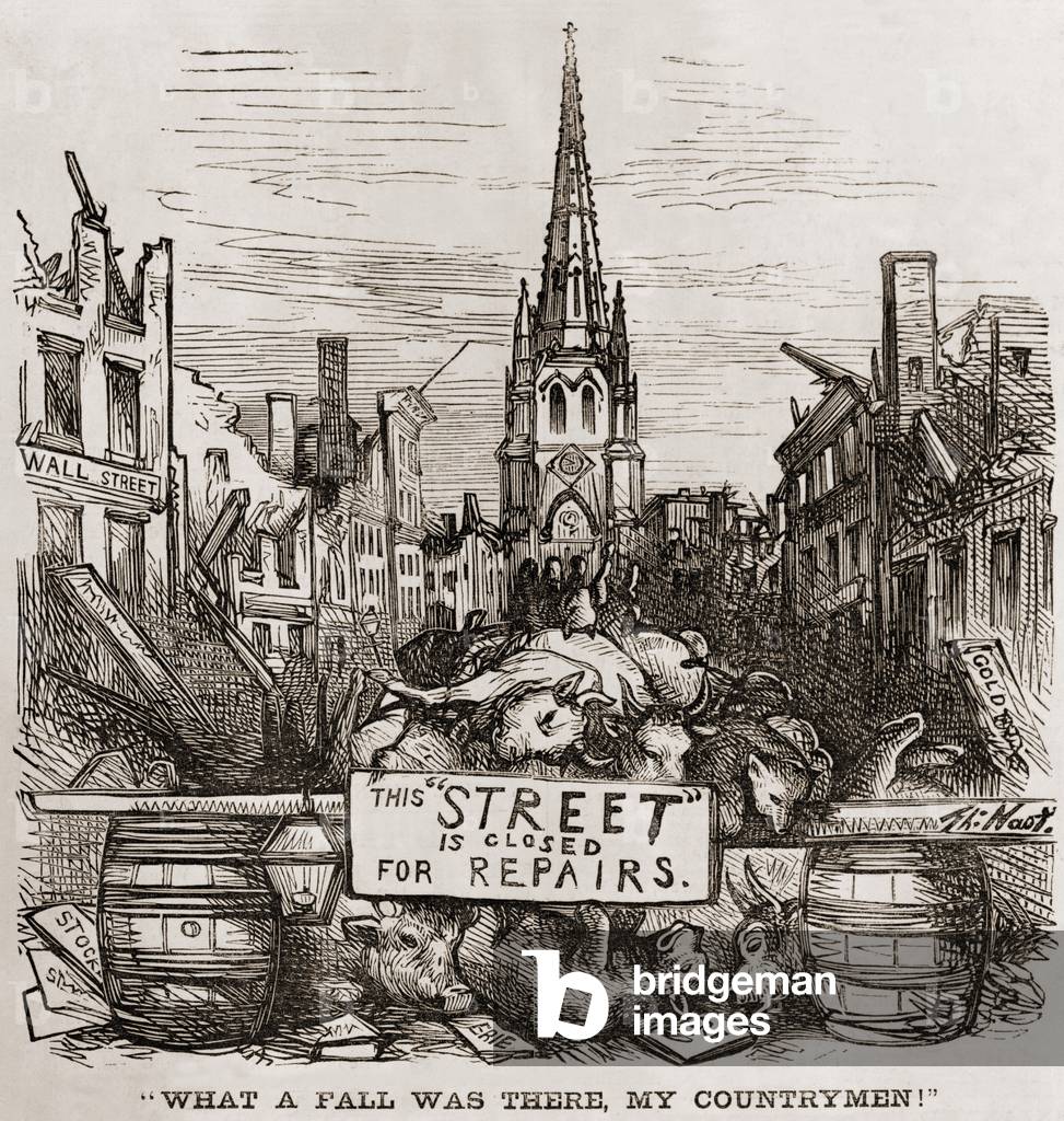 New York City's Wall Street in ruins with dead bulls piled behind a sign reading, 'This street is closed for repairs.' 1869 (engraving)