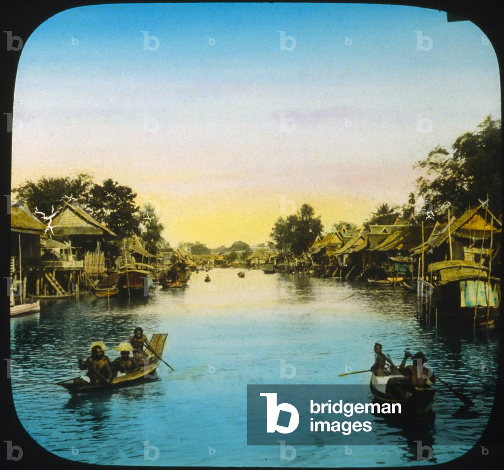 Thailand, looking up river or canal, Bangkok, hand colored lantern slide, photograph by William Henry Jackson, 1895