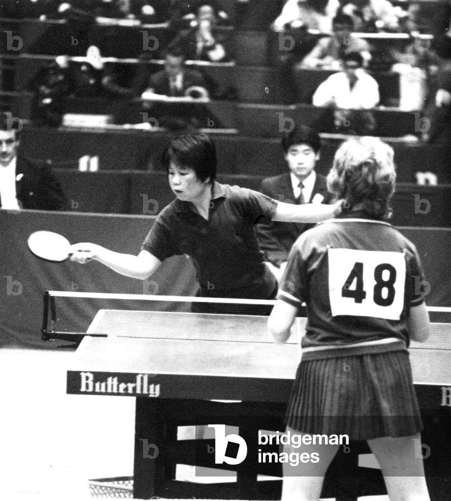 Lin Hui-Ching of Communist China at the 31st World Table Tennis Championships in Nagoya, Japan. April 7, 1971. The Chinese team dominated the tournament, their first participation after a six-year absence due to the 'Cultural Revolution'. This international competition marked the end of Red China's self imposed isolation. Lin's opponent is Ilona Vostova of Czechoslovakia