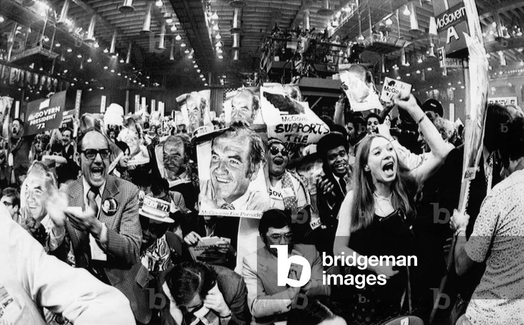 Shirley MacLaine cheers at the nomination of US Senator George McGovern for US President at the Democratic National Convention in Miami, Florida, July, 1972 (b/w photo)