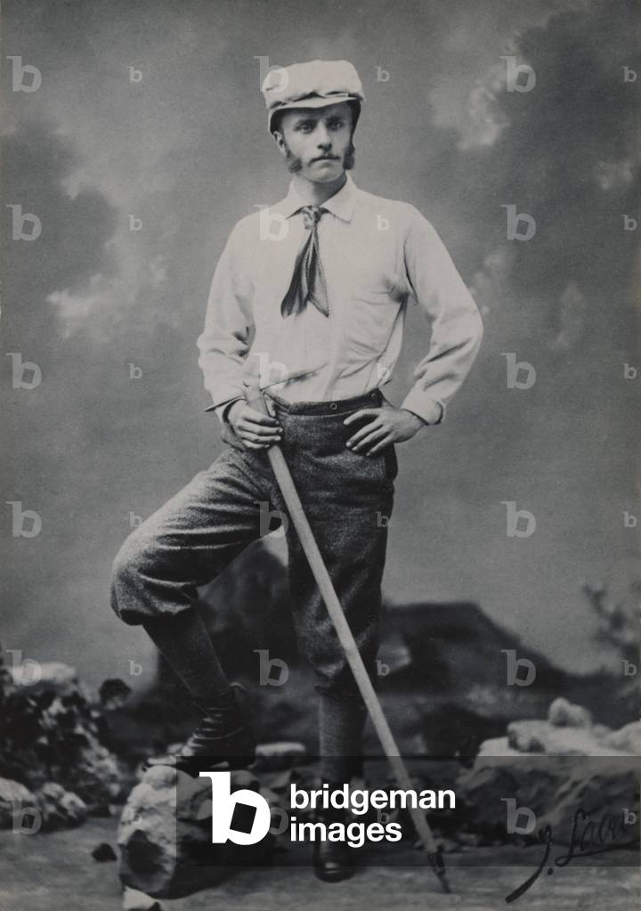 Young Theodore Roosevelt posing as a mountain climber in his late teens or early twenties. c. 1880s studio portrait