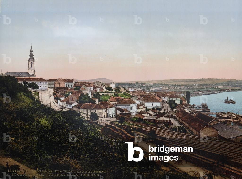 Serbia, landing place and cathedral, Belgrade, photochrom, c.early 1900s