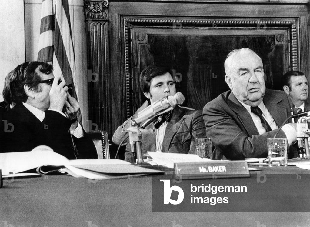 Senate Watergate Committee. Vice Chairman Howard Baker, an amateur photographer, borrowed a newsmans camera to take a picture of Chairman Sam Ervin. July 13, 1973