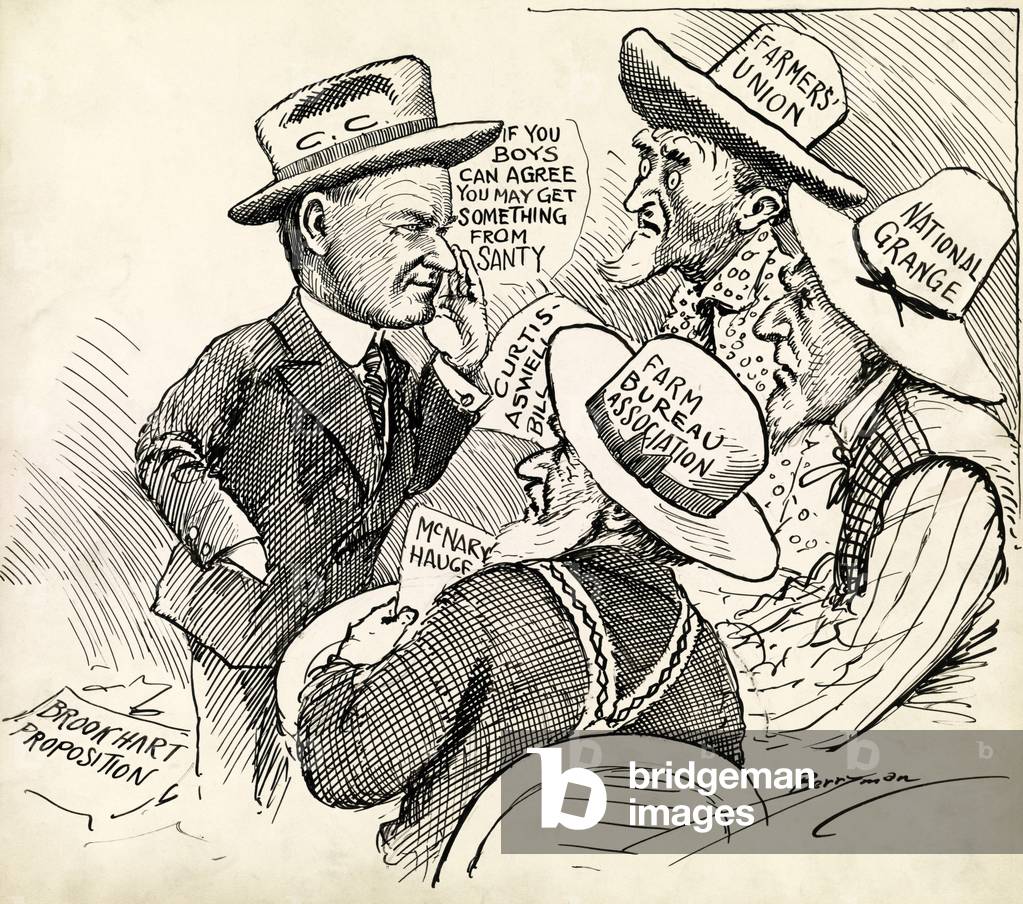 'If you boys can agree you may get something from Santy.' Cartoon shows President Calvin Coolidge talking to three farmers labeled 'Farmers' Union,' ' National Grange,' and 'Farm Bureau Association.' As the 1920s farm depression was persisted, farmer organizations were disunited and Coolidge's refused to establish price supports. Cartoon by Clifford Berryman, Nov. 1927
