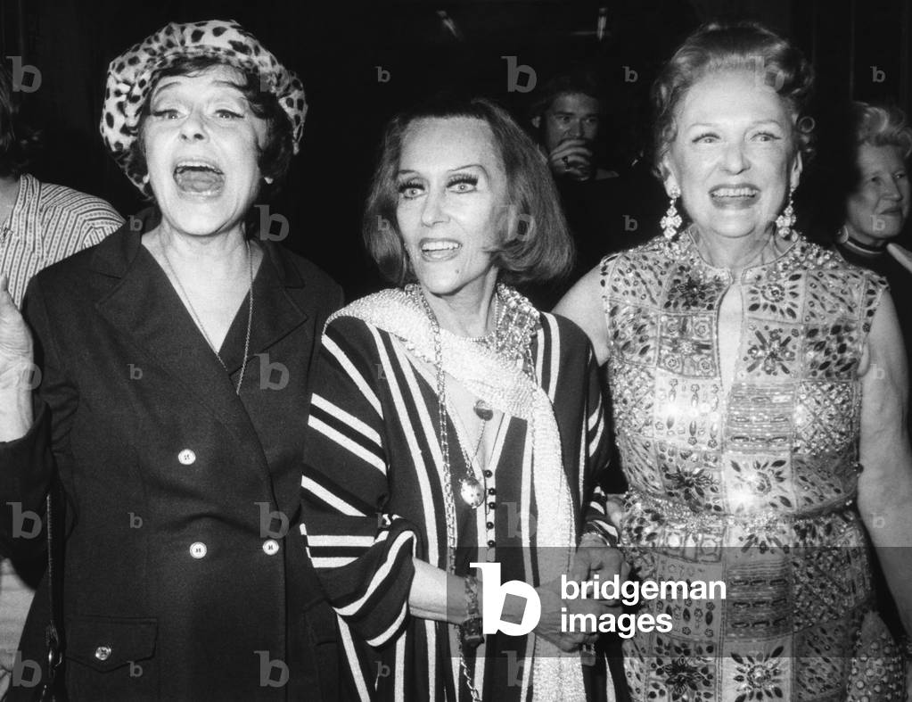 Gloria Swanson (center) with actress Fifi d'Orsay (left) and silent screen actress Carmel Myers. Swanson was giving a Schubert Alley party following her opening in the Broadway play 'Butterflies Are Free' on Sept. 14, 1972
