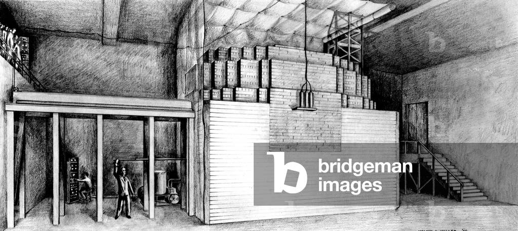 Chicago Pile-1 (CP-1) was built under the direction of physicist Enrico Fermi, in collaboration with Leo Szilard. Drawing of scientists using the world's first nuclear reactor, which was constructed under the football grandstands at the University of Chicago. By Melvin A. Miller of the Argonne National Laboratory