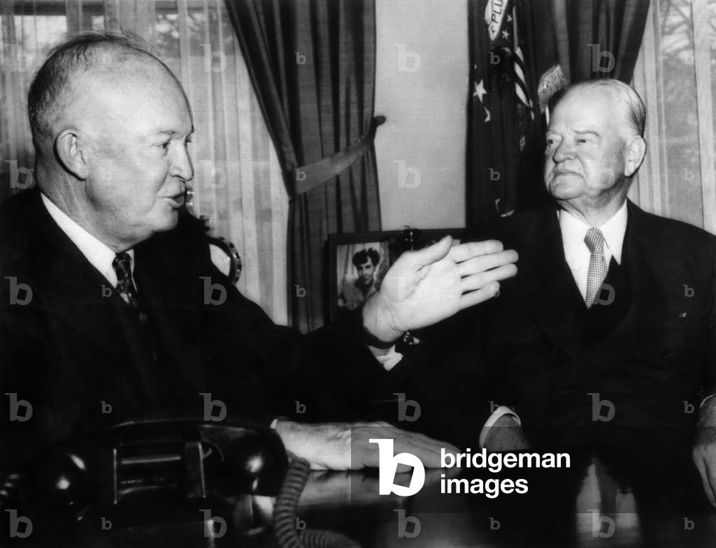 President Dwight D. Eisenhower, and Former President Herbert Hoover, at the White House to discuss Hoover Commission recommendations, the White House, Washington DC, May 17, 1957