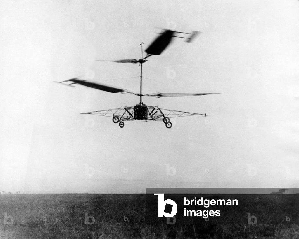 The coaxial helicopter, D'AT3, designed by General Corradino d'Ascanio, an Italian aviation engineer in 1930. The flying machine had two double-bladed, counter-rotating rotors, with control achieved by using auxiliary wings on the trailing edges of the blades