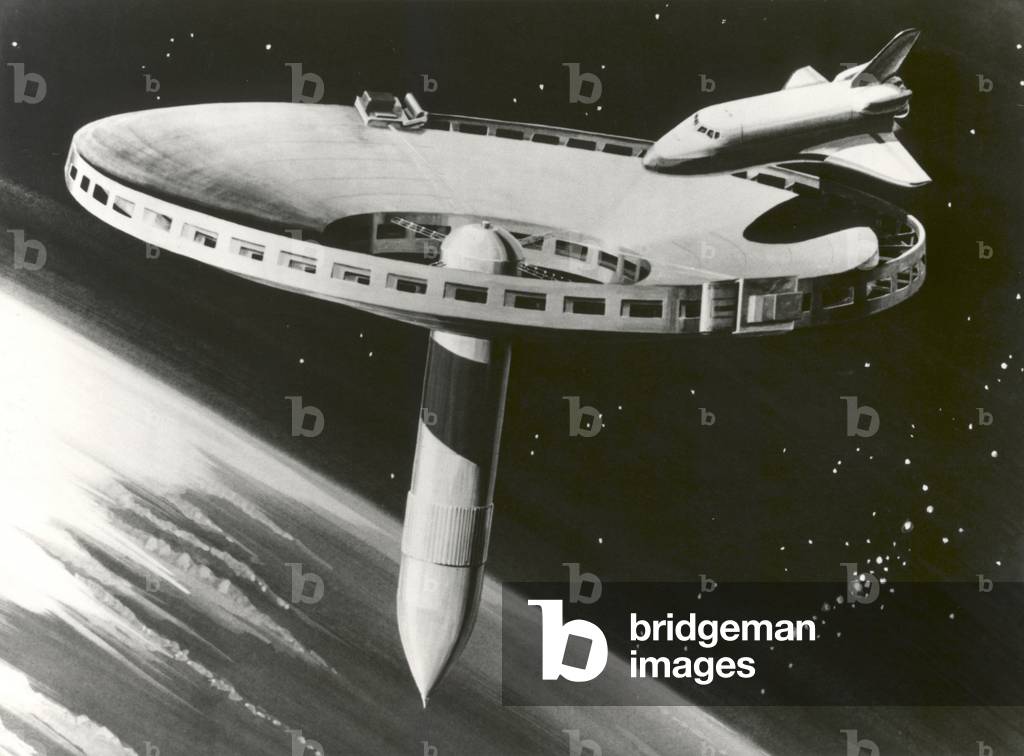 Spider Space Station concept drawing. It was conceived as a space operations control center, an astronaut habitat, and to support missions to the Moon and Mars. 1977