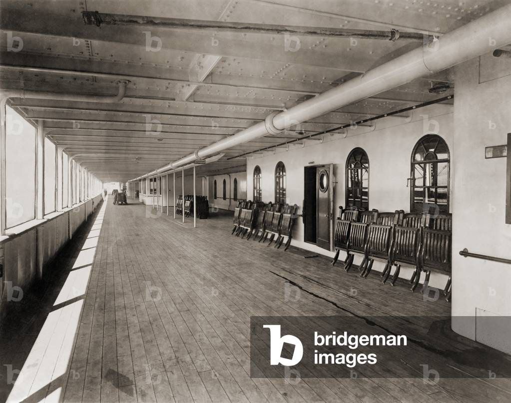 Deck chairs on the great promenade of the ill-fated luxury ocean liner, the Titanic. 1912