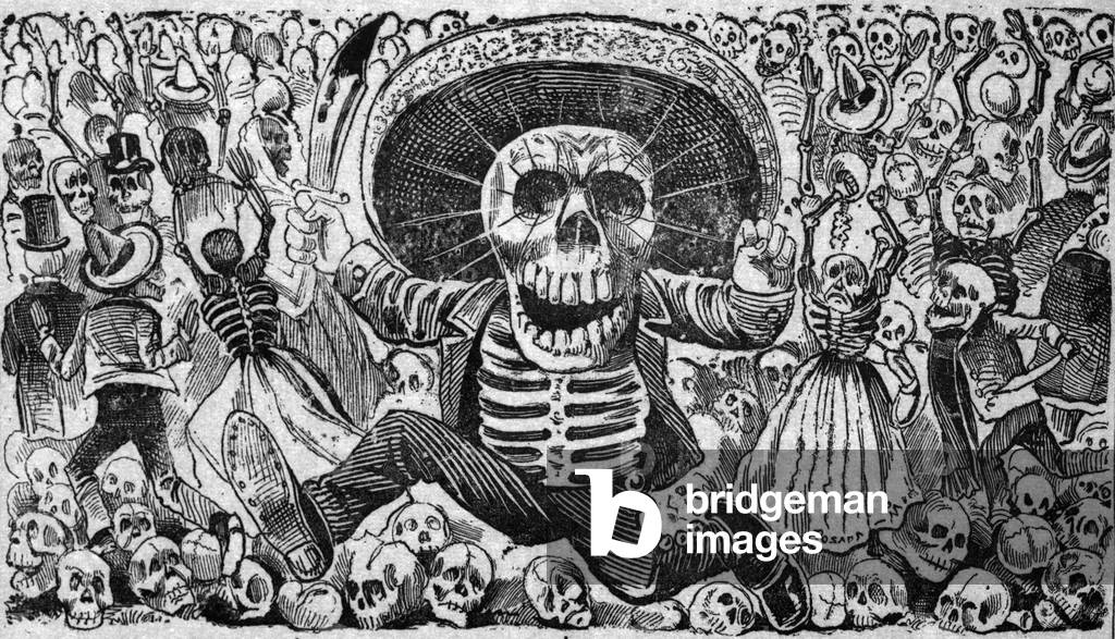 Detail of death from Calaveras del monton, numero 1, translation: Skulls from the heap, number 1, Broadside showing a male skeleton dressed in a charro outfit wielding a machete in a graveyard, by Jose Guadalupe Posada, Mexico City, Mexico, 1910