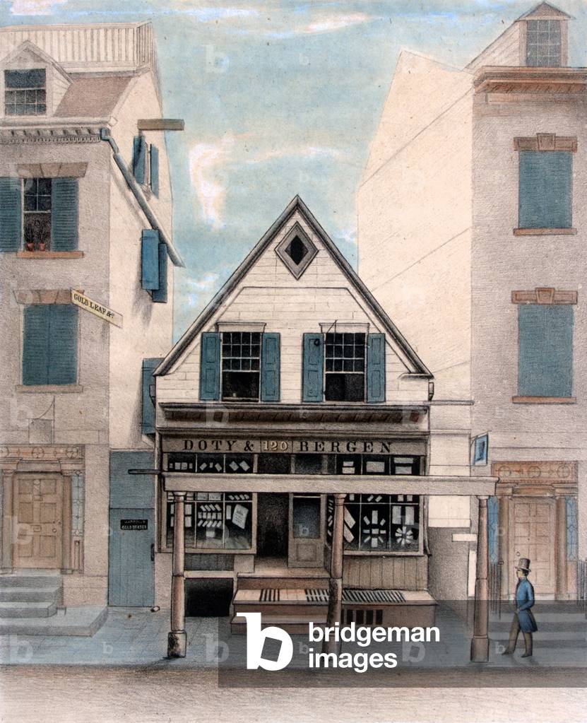 New York City. Exterior view of the Rigging House, 120 William Street, New York City, a 17th century building, formerly a Methodist church in the 1760s. Hand-colored lithograph, 1846