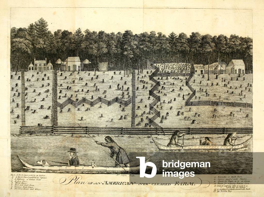 Plan of an American New Cleared Farm. Detailed print shows Whites and Indians traveling on the river farm structures including various types of fences and building. c. 1793