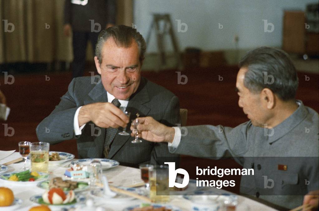 Nixon in China. President Richard Nixon and Chinese Premier Zhou Enlai toast at a Banquet. February 25 1972