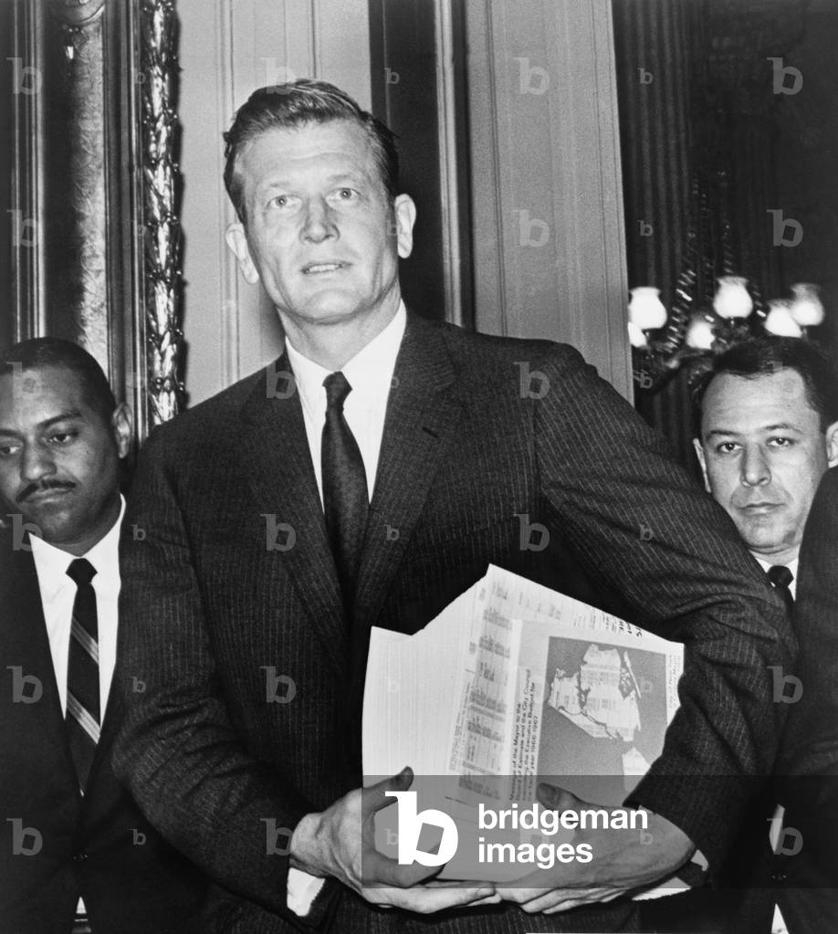 New York's Mayor Lindsay carries in his budget. April 15, 1966