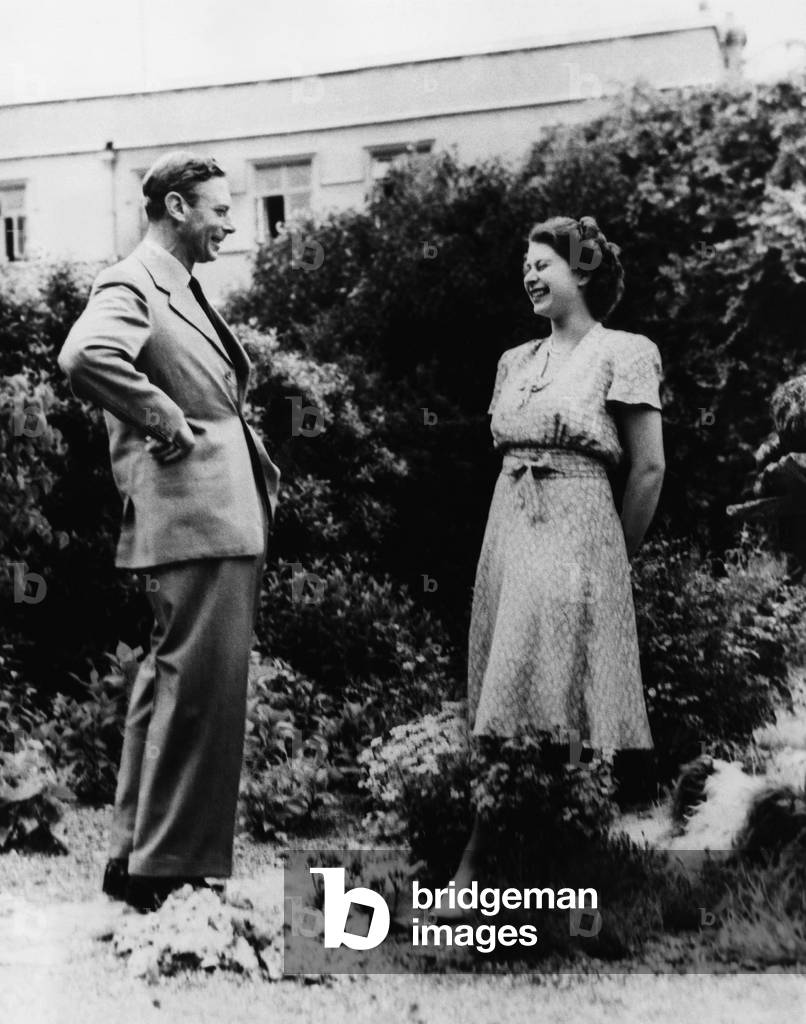 British Royal Family. British King George VI, Future British Queen Princess Elizabeth, Royal Lodge, Windsor, England, 1946