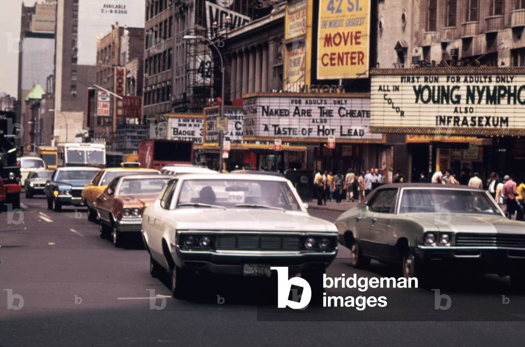 1970s Americ. 42nd Street between 7th and 8th Avenues. Manhattan, New York City, c. 1972