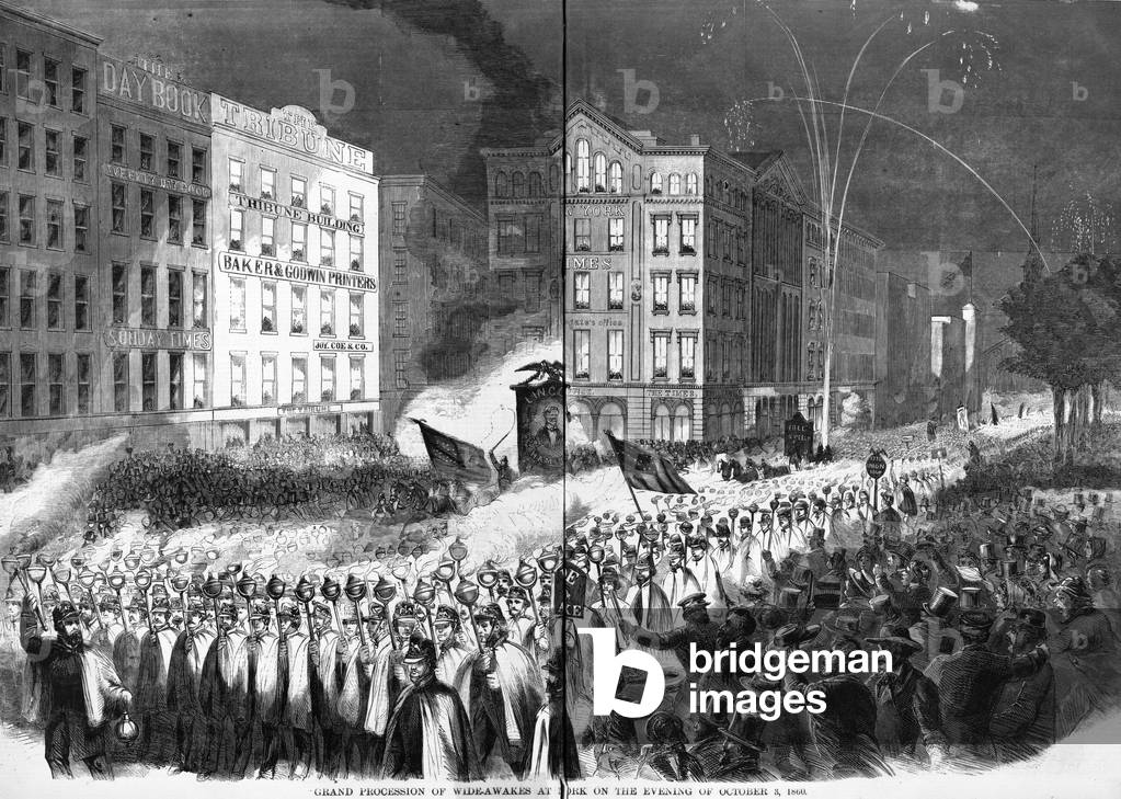 The Civil War, Republican Party rally and parade at Printing-House Square, New York City, October 3, 1860