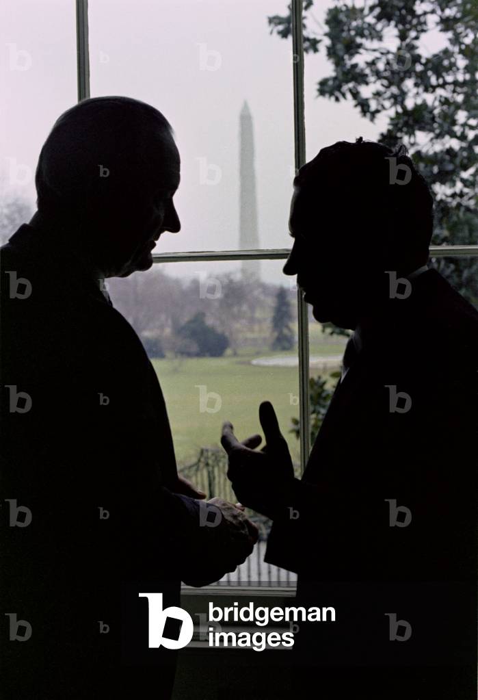 Incoming and outgoing Presidents Johnson and Nixon meet in the White House on Inauguration day. Jan 20, 1986