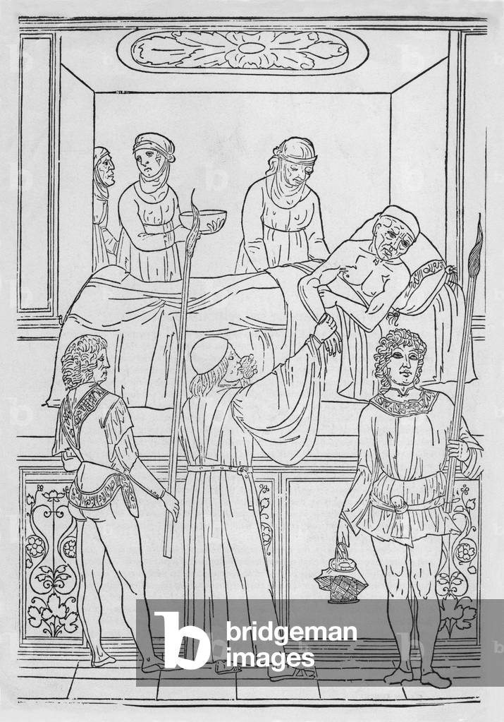 Plague patient. A physician (center front) is taking the pulse of a patient while he breaths through sponge soaked in herbs to protect against evil emanations from the victim. Two men with torches provide light. Three women attend to the patient. From Joannes de Ketham's FASCICULO DE MEDICINA, 1493. Ketham was a German physician living in Italy at the end of the fifteenth century