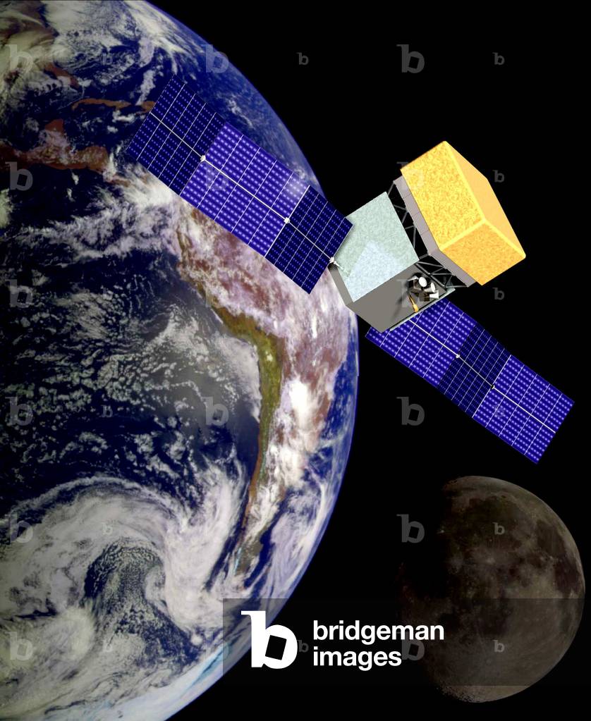 Artist's conception of the solar powered GLAST (Gamma Ray Large Area Satellite) satellite orbiting earth in 2008. GLAST studies extreme events that cause high-energy gamma ray bursts, such as flaring of galaxies driven by black holes within their cores
