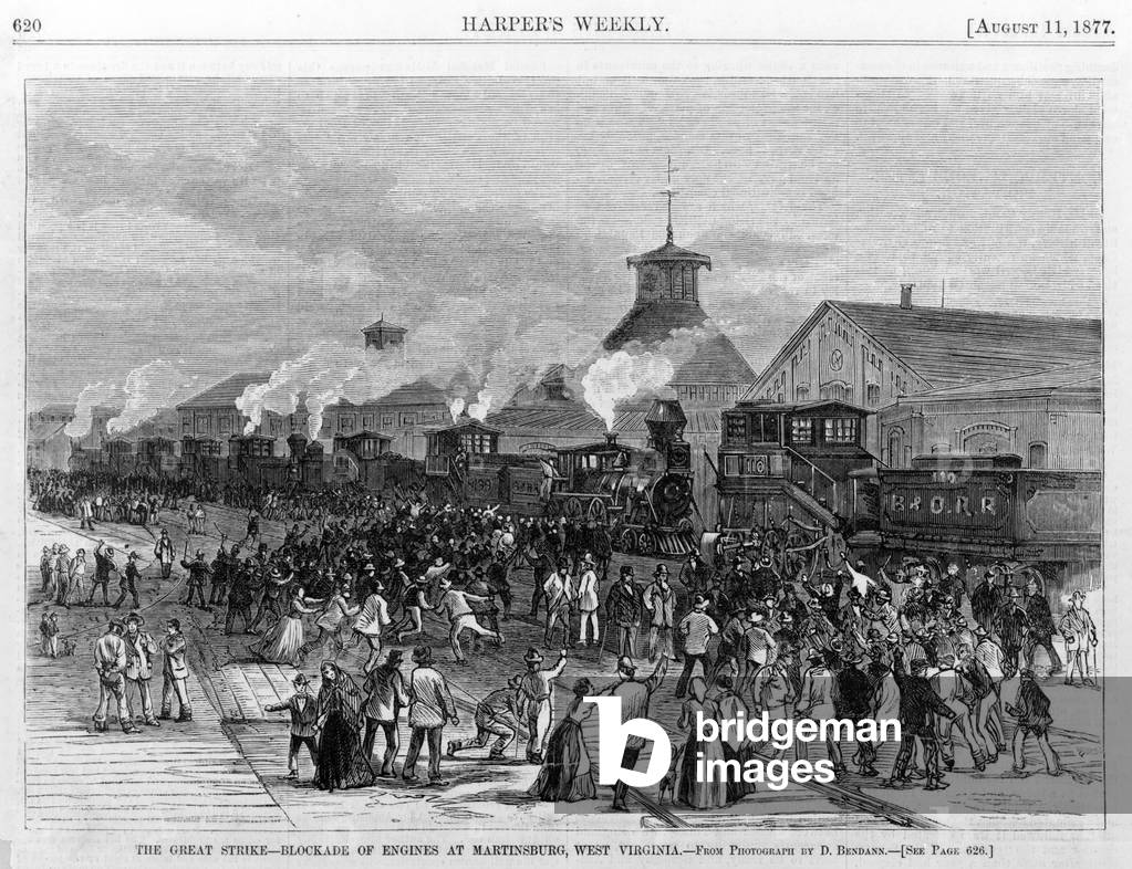 Great Railroad Strike of 1877. Blockade of engines at Martinsburg, West Virginia, 16 July, 1877. Woodcut, 1877