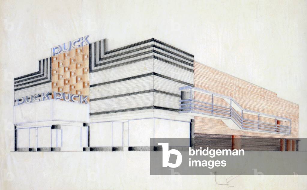 Theater. Design proposal for the Puck Theater, later built as the Elgin motion picture theater, corner of Eighth Ave. and 19th St., New York City. Winold Reiss, artist. Colored pencil and graphite, 1935