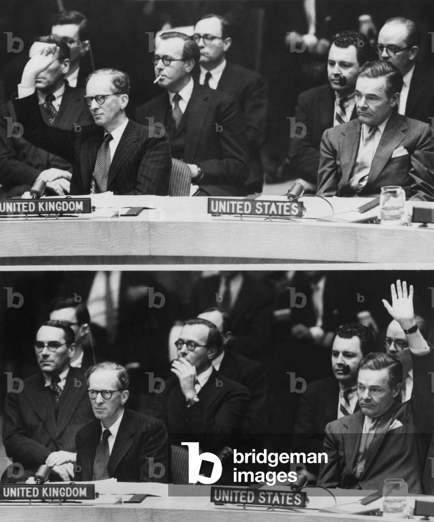 The 1956 Suez Crisis strains Anglo-American relations. TOP: Great Britain's Sir Pierson Dixon voting against a UN resolution that Israel withdraw its armed forces from Egypt. BOTTOM: United States delegate Henry Cabot Lodge voting for the proposal. Oct. 31, 1956