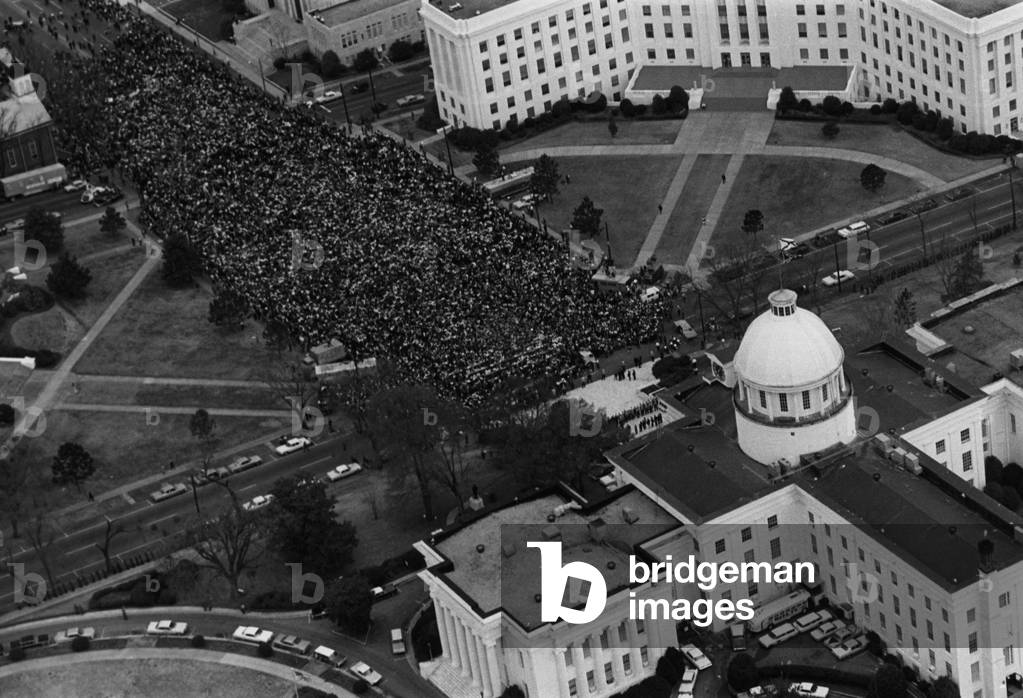 Civil rights marchers in front of the Alabama State Capitol at the end of their march from Selma to Montgomery, 1965
