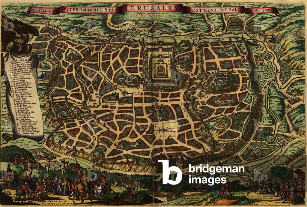 Imagined map from 1650, depicting Jerusalem as it existed in the Roman era. Lower section shows Christ's crucifixion and the crowning of King Solomon. Map shows many sites, including the Temple of Jerusalem
