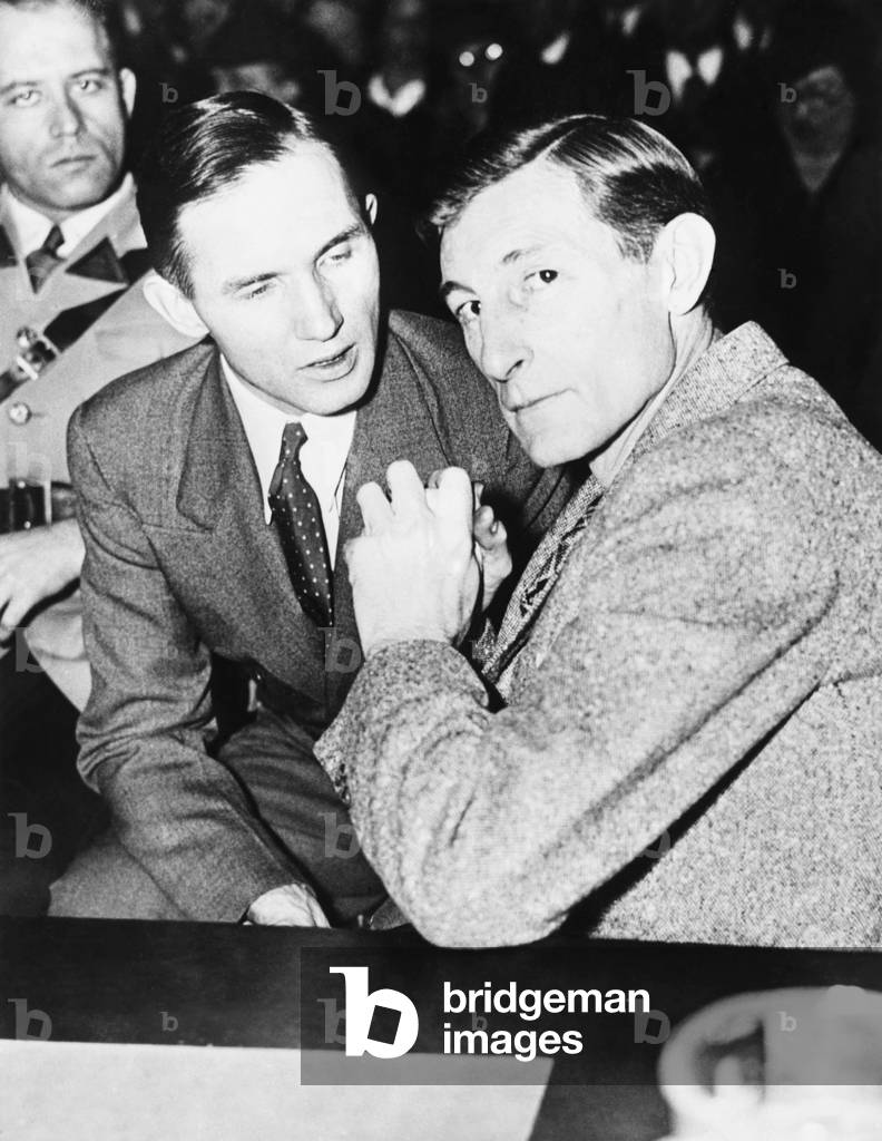 Bruno Hauptmann with his defense counsel Egbert Rosecrans, Jan. 15 1935. Hunterdon County Courthouse, Flemington, N.J
