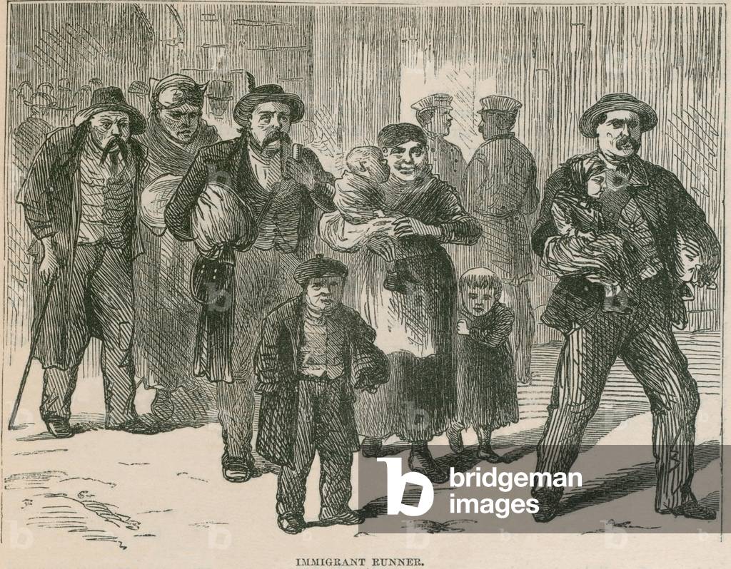 An 'immigrant runner' carrying the child of a newly arrived immigrant family. Runner' met newcomers to promote a specific boarding house, employer, or transportation. Often immigrants themselves, they could be unscrupulous and preyed on new arrivals. c. 1870