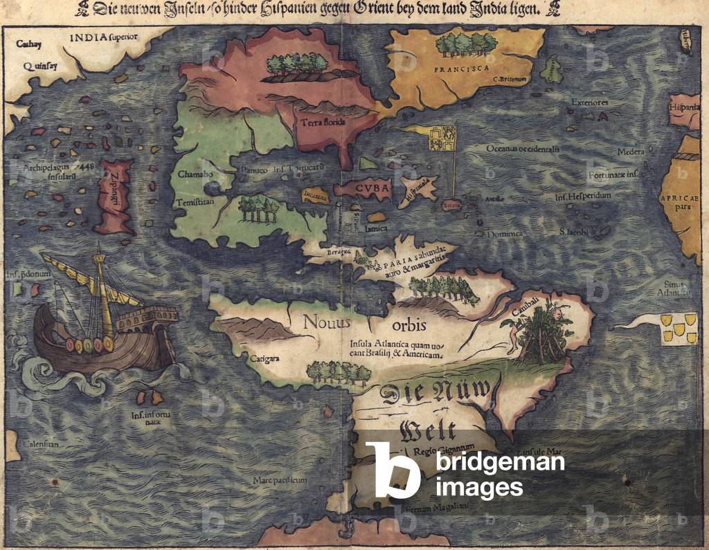 1550 Swiss map of newly discovered Western Hemisphere. The Caribbean Sea is disproportionately large, most of North America is still unknown, and California is represented as an island