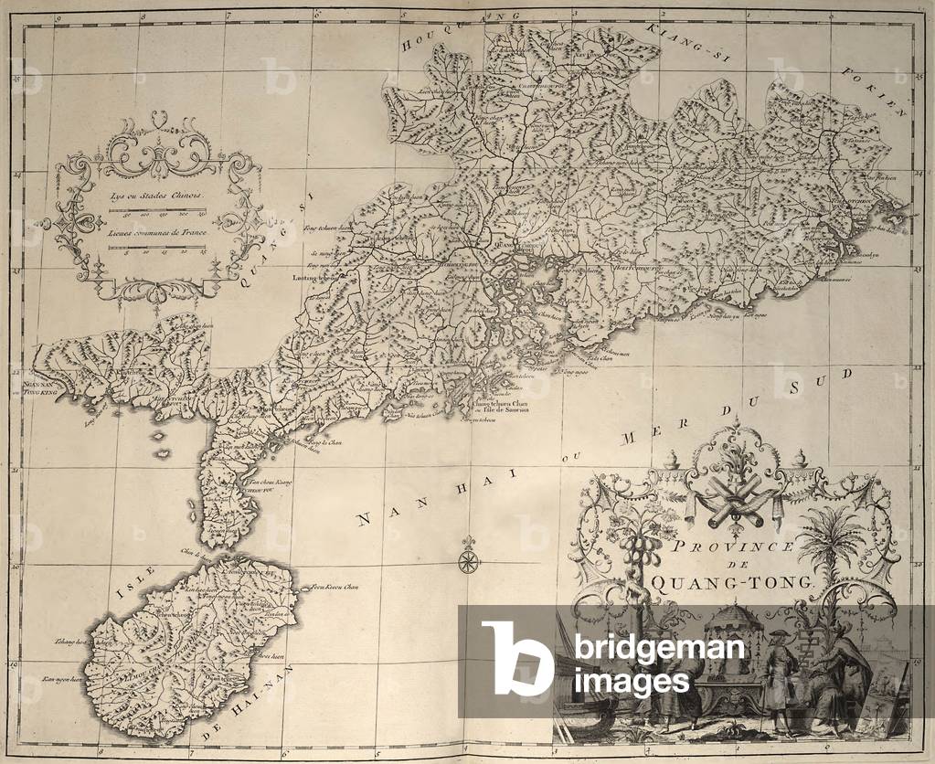 1737 map of South China coast, including location of Hong Kong and Macao Island. Cartouche in lower right shows a European and Chinese engaging in trade
