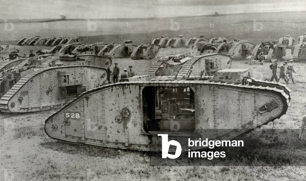 World War 1 Tanks. 'Tankdrome' was a muster zone for tank squadrons on the Western Front. Within easy reach of battle-area tank crews are camped with repair workshops are close at hand, as was petrol and ammunition. c. 1917