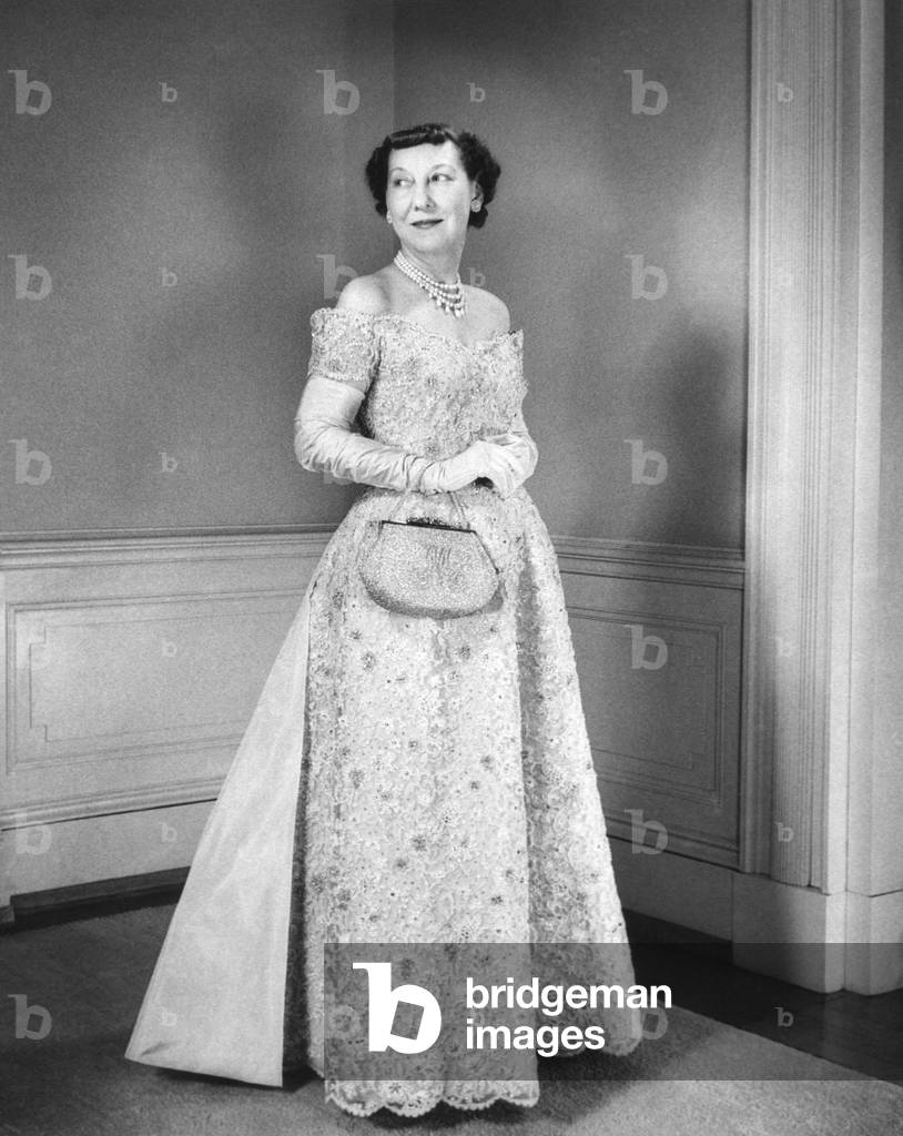 First Lady Mamie Eisenhower in her beaded inaugural gown. Jan. 16, 1957.