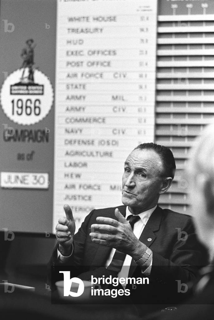 Senator Mike Mansfield, Senate Majority Leader, in a Democratic election strategy meeting at the White House. Aug. 11, 1966