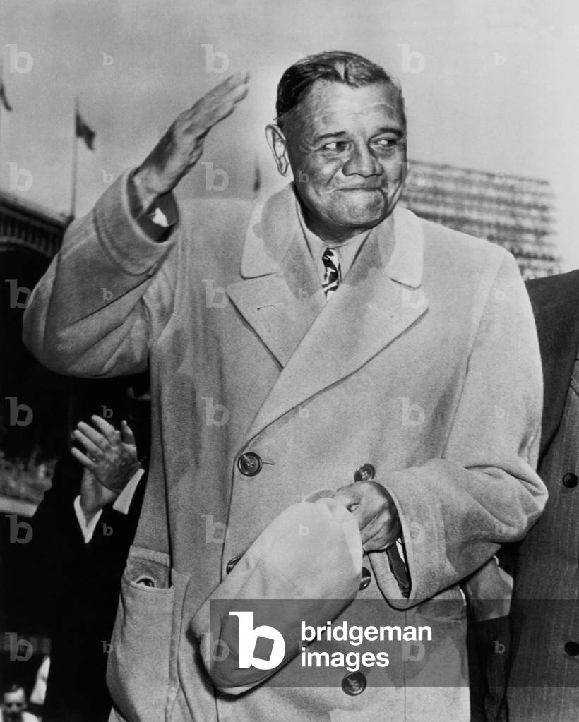 New York Yankees. Retired outfielder Babe Ruth, visiting Yankee Stadium, New York City, New York, April, 1947
