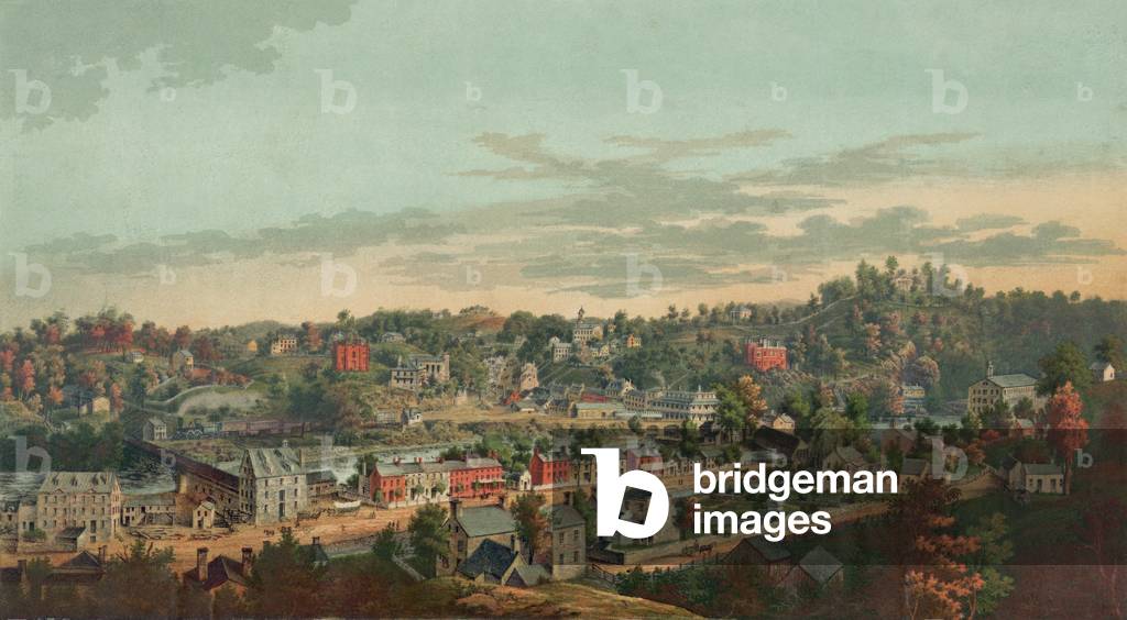 1854 bird's eye view of Ellicotts Mills, Maryland, a major industrial town in 19th century Maryland