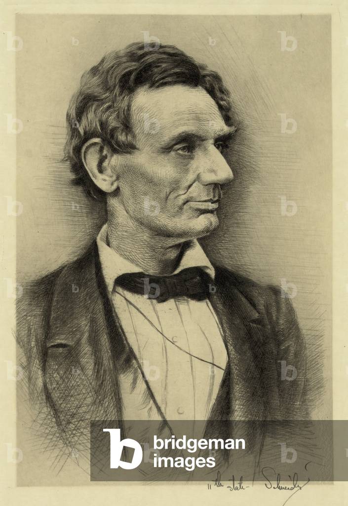 Abraham Lincoln portrait etching made in the early 20th century from Lincoln's classic Alexander Hesler portraits of 1860, by artist Otto J. Schneider (1875-1946)