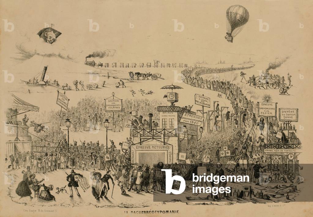 French cartoon about the rush to try photography after Louis Daguerre revealed his process in 1839. Long lines of people wait to be photographed while others provide training on photographic equipment. A balloon hovers in the air with a large camera as its basket. 1840 cartoon by Theodore Maurisset