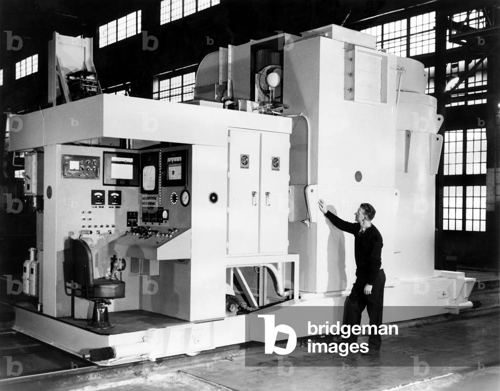Charging unit ready for shipment to the Enrico Fermi Atomic Power Reactor (outside of Detroit, MI), shown in the factory of the Baldwin-Lima-Hamilton Corp., Eddystone, PA, c. 1961