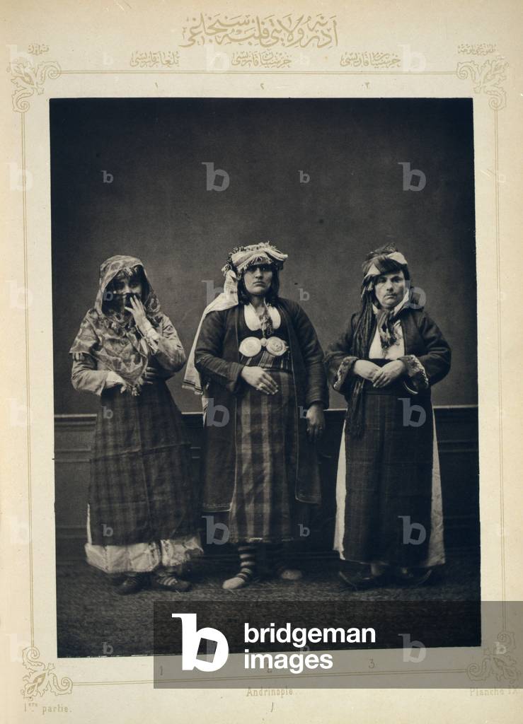 The Ottoman Empire, studio portrait of models wearing traditional clothing from Istanbul, Bulgarian woman of Ahi Tchelebi, Greek woman of Hasskeui, Peasant woman of Baidjas, photograph by Pascal Sebah, 1873