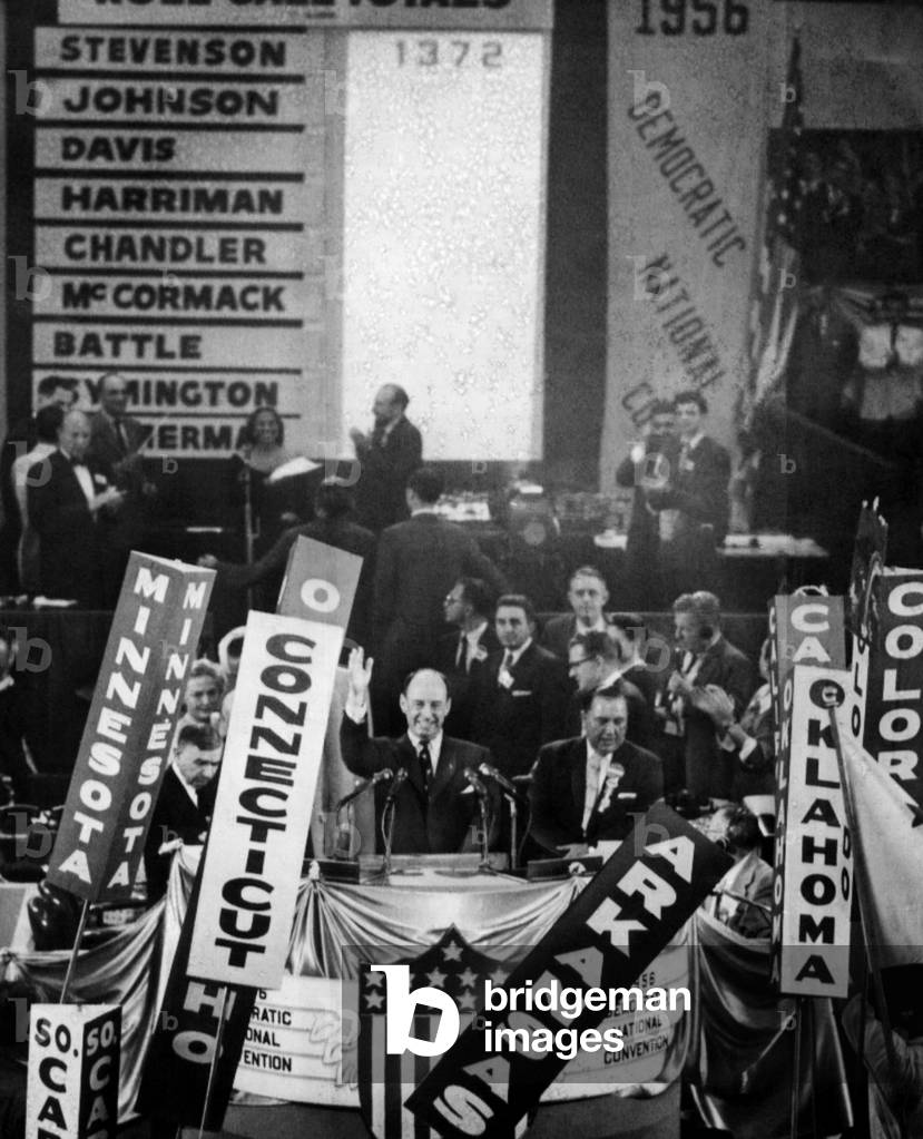 US Elections. Center, waving: Adlai Stevenson accepting the Democratic nomination for US President at the Democratic National Convention in Chicago, Illinois, August, 1956
