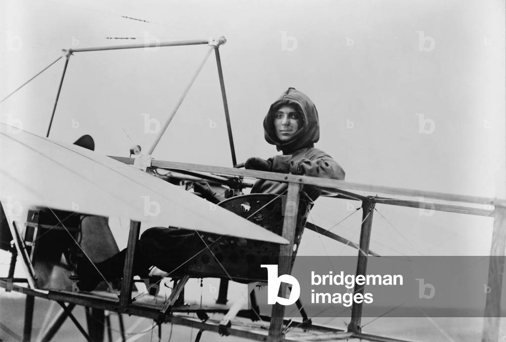 Harriet Quimby 1875-1912 in the Moisant monoplane in which she learned to fly. In 1911 she became the first woman to gain a pilot's license in the United States and was the first woman to fly across the English Channel April 16 1912. She died in a flying accident in July 1912. LC-USZ62-15070