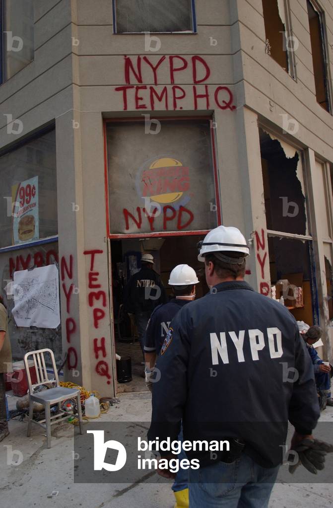 New York Police Department set up temporary headquarters in a damaged Burger King Restaurant near the World Trade Center disaster area. Sept. 13 2001