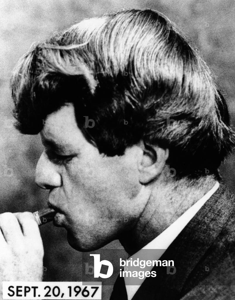 Senator Robert Kennedy sporting stylishly longer hair in April 1967